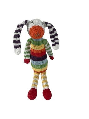Pebble Handmade Crochet Bunny Rattle Toy Rainbow Stripes  12” Plush Doll